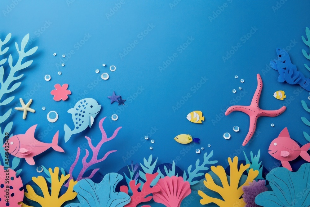 Naklejka premium Underwater scene with fish, corals, sea anemones, starfish and sea urchins on a blue background