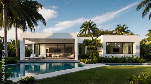 A modern villa exterior with a sleek and contemporary design with clean lines and large windows in Florida. Tropical landscaping with palm trees, colorful flowers, and lawns, 3D render