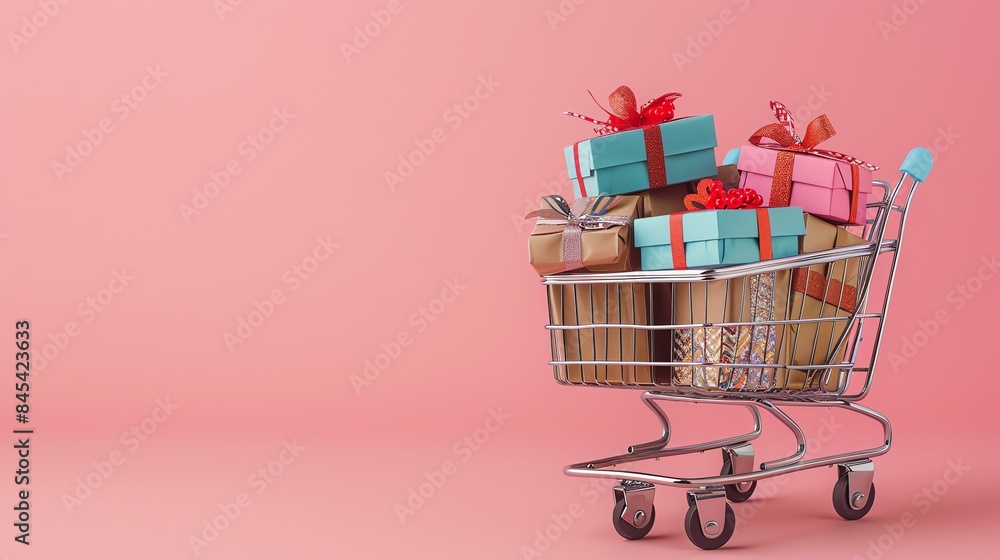 A shopping cart overflowing with wrapped presents against a pink background. A shopping cart overflowing with wrapped presents against a pink background.