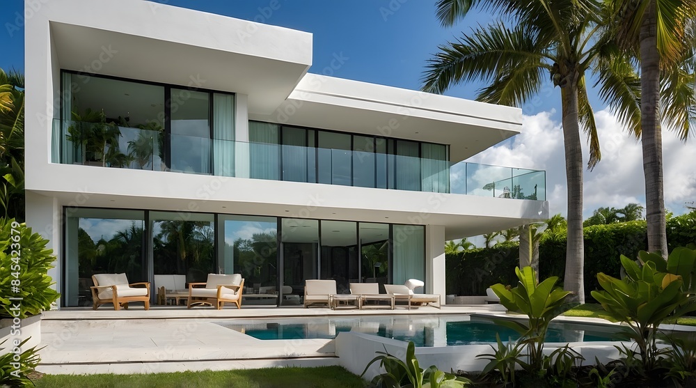 A modern villa exterior with a sleek and contemporary design with clean lines and large windows in Florida. Tropical landscaping with palm trees, colorful flowers, and lawns, 3D render