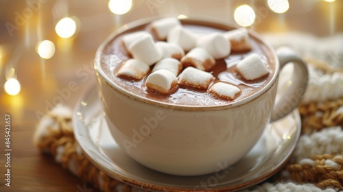 a cup of hot chocolate with marshmallows on brown table with cozy scaft. ai generated
