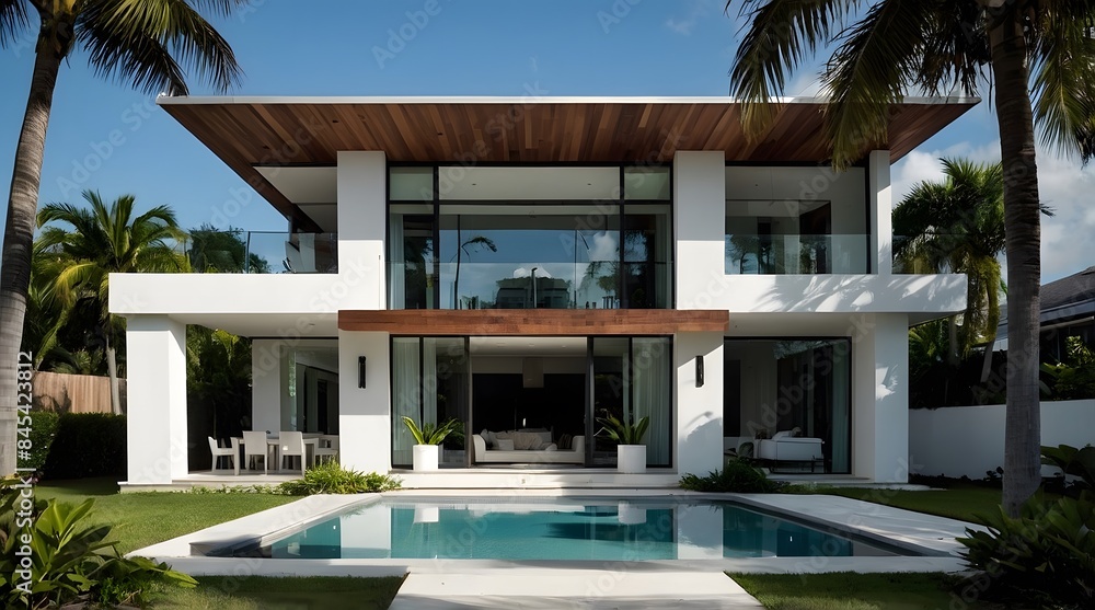 Fototapeta premium A modern villa exterior with a sleek and contemporary design with clean lines and large windows in Florida. Tropical landscaping with palm trees, colorful flowers, and lawns, 3D render