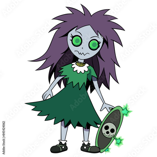 horror anime girl with a skeletal face, wearing a tattered hooded cloak, surrounded by dark shadows, holding a skateboard with glowing, cursed symbols