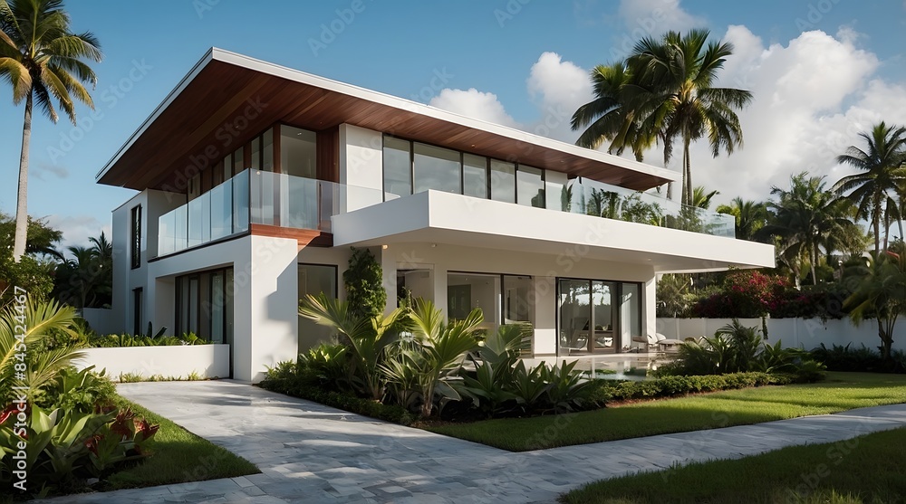 A modern villa exterior with a sleek and contemporary design with clean lines and large windows in Florida. Tropical landscaping with palm trees, colorful flowers, and lawns, 3D render