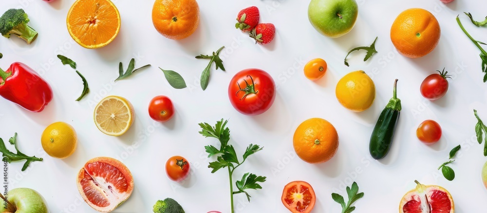 High-quality array of fruits and vegetables framed against a white backdrop High-quality array of fruits and vegetables framed against a white backdrop