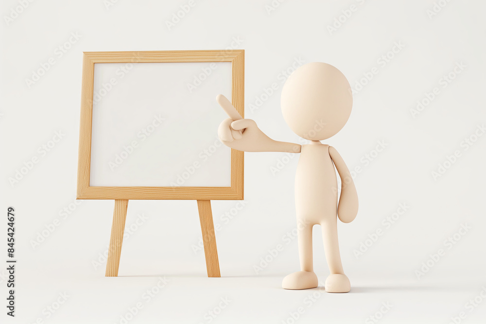 3D character points at empty presentation board on easel for educational or marketing purposes. Copy Space 3D character points at empty presentation board on easel for educational or marketing purposes. Copy Space