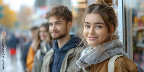 Shoppers waiting in line outside a store. Concept Holiday Shopping, Crowded Store Front, Customer Service, Black Friday Deals, Winter Sales