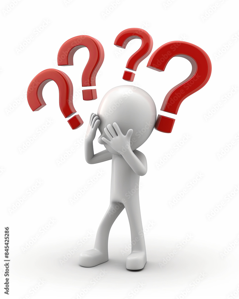 In a 3D illustration, the character appears confused and uncertain with question marks above In a 3D illustration, the character appears confused and uncertain with question marks above