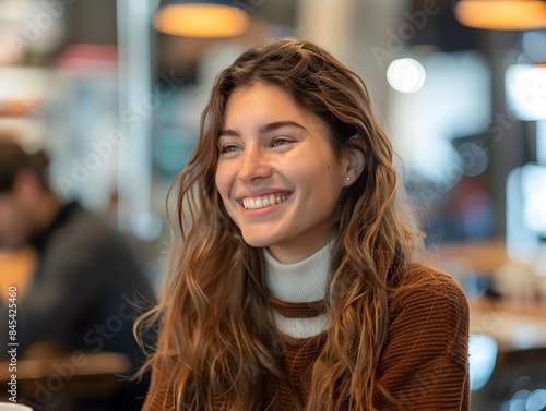 Young Professional Woman Smiles During Coffee Break at Tech Startup Networking Event