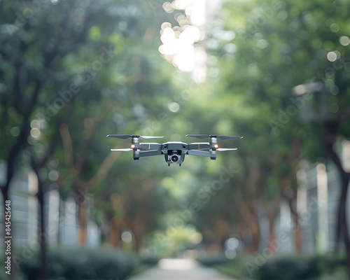 Drone Delivering Documents to Business Meeting in Urban Park Technology Networking and Digital Communication Concept