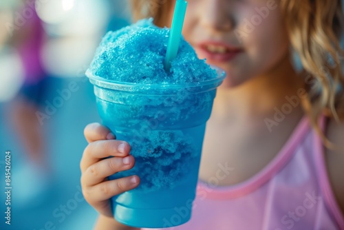 Curly haired girl with a blue slushie, enjoying her frosty drink outdoors