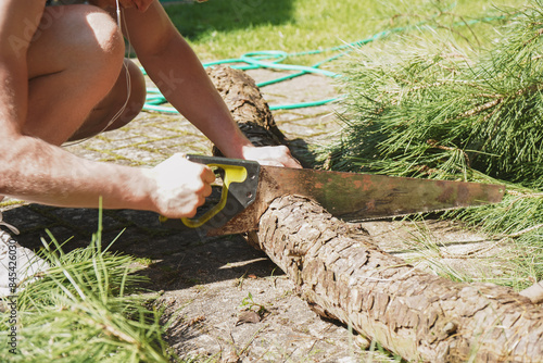 Cropped shot of mans hands sawing wood photo