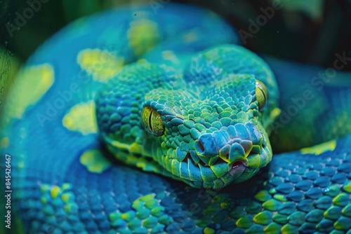 Close up of wild snake with scales slithering in a circle in nature