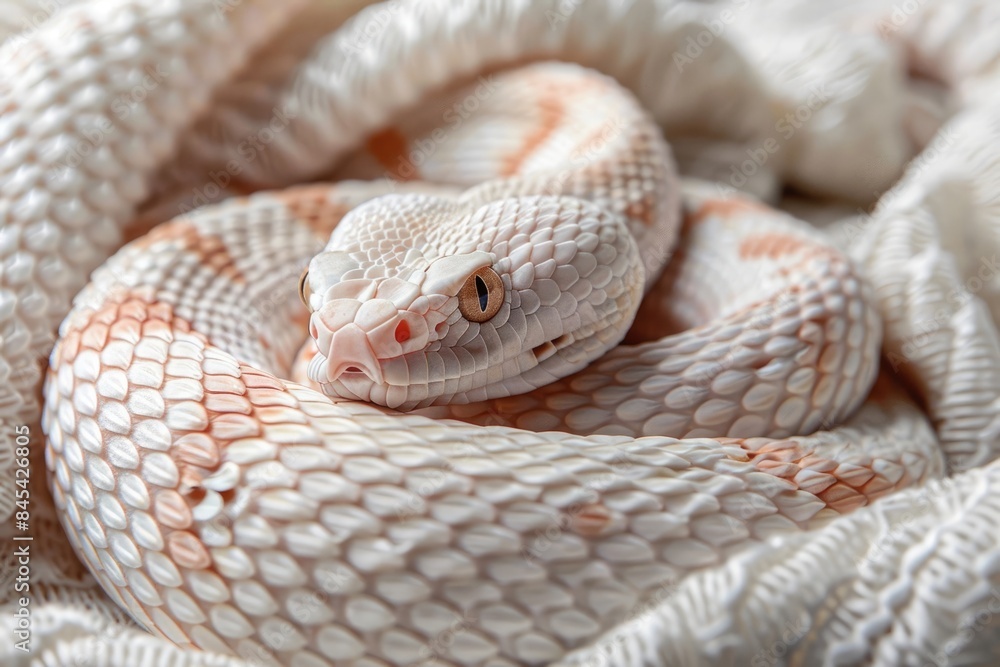Fototapeta premium Close up of wild white snake head with scales in nature.