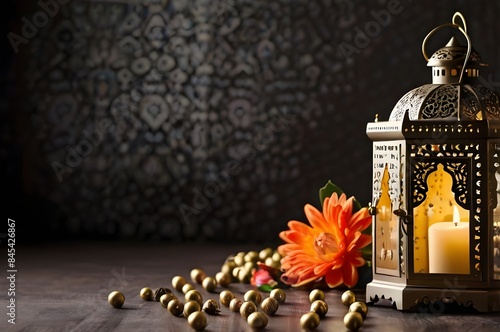 Eid and Ramadan theme background with coloured lanterns and dates with perfume bottles against a glitter backdrop