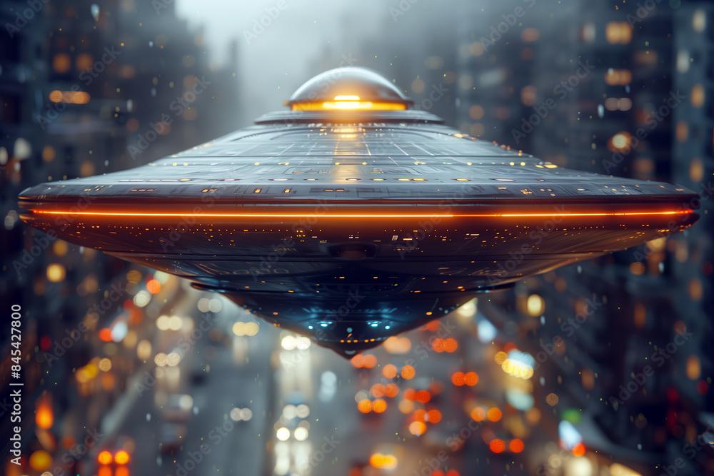 UFO hovering high over a city. UFO hovering high over a city.