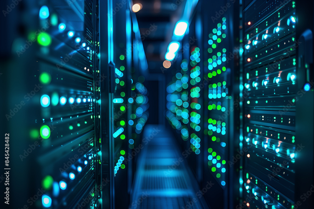 A modern server room with ambient lighting with hundreds of servers in server cabinets A modern server room with ambient lighting with hundreds of servers in server cabinets