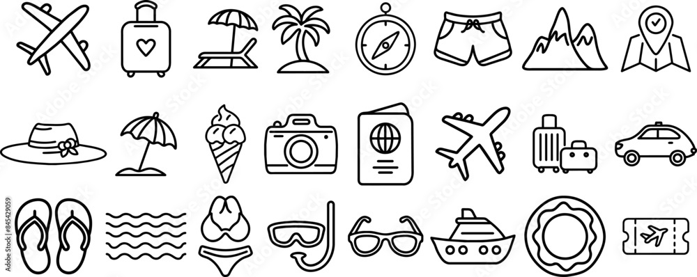 Fototapeta premium Travel icons vector set. Plane, suit, palm tree, mountain and sea vacation items set