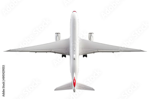 High-angle view of a commercial airplane in flight, isolated on transparent background. showing wings, engines, and fuselage details. photo