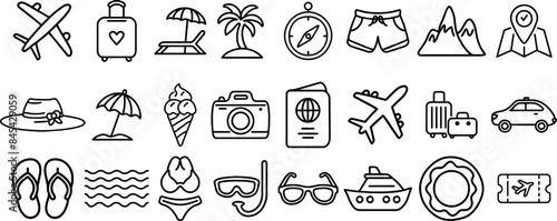 Travel icons vector set. Plane, suit, palm tree, mountain and sea vacation items set