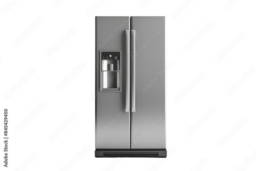 Modern stainless steel refrigerator with side-by-side doors, water and ice dispenser. High-quality kitchen appliance for home use. Modern stainless steel refrigerator with side-by-side doors, water and ice dispenser. High-quality kitchen appliance for home use.