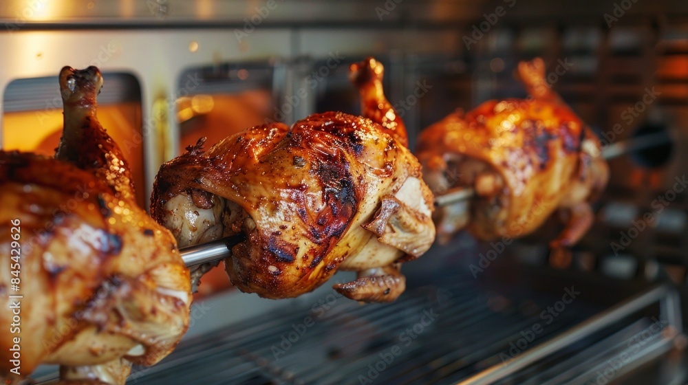 Roasted chicken in a row turning at industrial roaster Roasted chicken in a row turning at industrial roaster