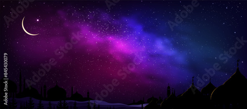Sky Starry Night,Ramadan Background with Dome Mosques,Crescent moon,Star,Universe Space Galaxy with Milky Way landscape.Islamic for Ramadan Kareem,Eid Mubarak,Eid al adha,Eid al fitr,New Year Muharram