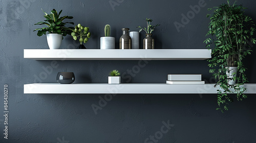 A modern floating white shelf with sleek lines against a dark grey wall, adorned with minimalistic decor.