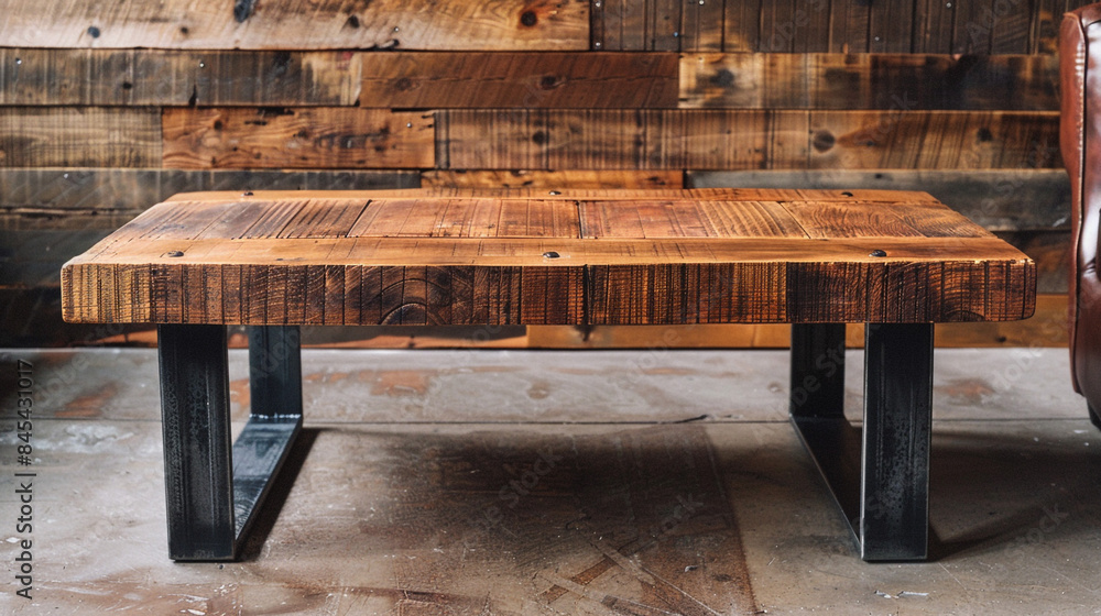 A rustic wooden coffee table with metal accents in front of a reclaimed wood wall. A rustic wooden coffee table with metal accents in front of a reclaimed wood wall.