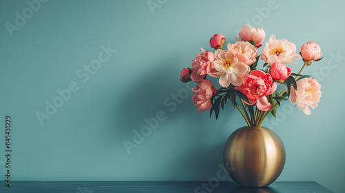 A sleek black lacquered table with a gold vase holding peonies, set against a light blue wall. photo