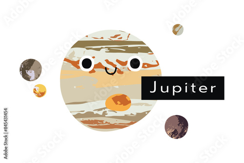 Jupiter. Galilean moons: Io, Europa, Ganymede, Callisto. Cute kawaii planet character with smiling face. Funny celestial body. Solar system. Astronomy for kids. Vector flat cartoon illustration