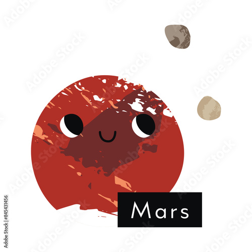 Mars. Cute kawaii planet character with smiling face. Funny celestial body. Solar system. Astronomy for kids. Vector flat cartoon illustration
