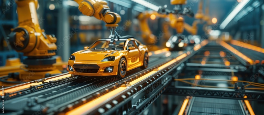 Aerial Car Factory 3D Concept: Automated Robot Arm Assembly Line Manufacturing Advanced High-Tech Green Energy Electric Vehicles. Construction, Building, Welding Industrial Production Conveyor. Aerial Car Factory 3D Concept: Automated Robot Arm Assembly Line Manufacturing Advanced High-Tech Green Energy Electric Vehicles. Construction, Building, Welding Industrial Production Conveyor.