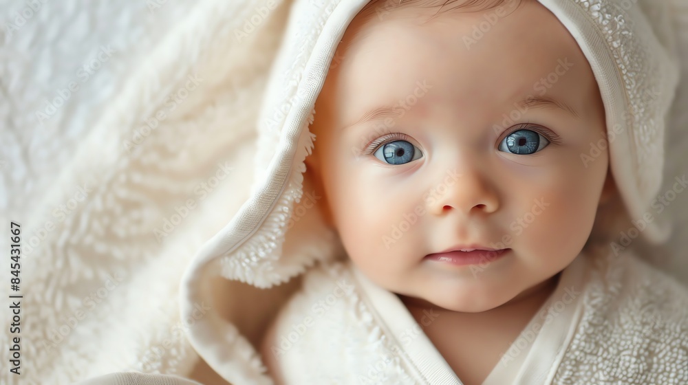 A close-up of a baby with big blue eyes, wrapped in a white towel. A close-up of a baby with big blue eyes, wrapped in a white towel.