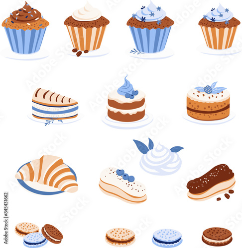Pastel blue and beige Desserts set with croissant macaroon eclair cupcake biscuit chocolate.