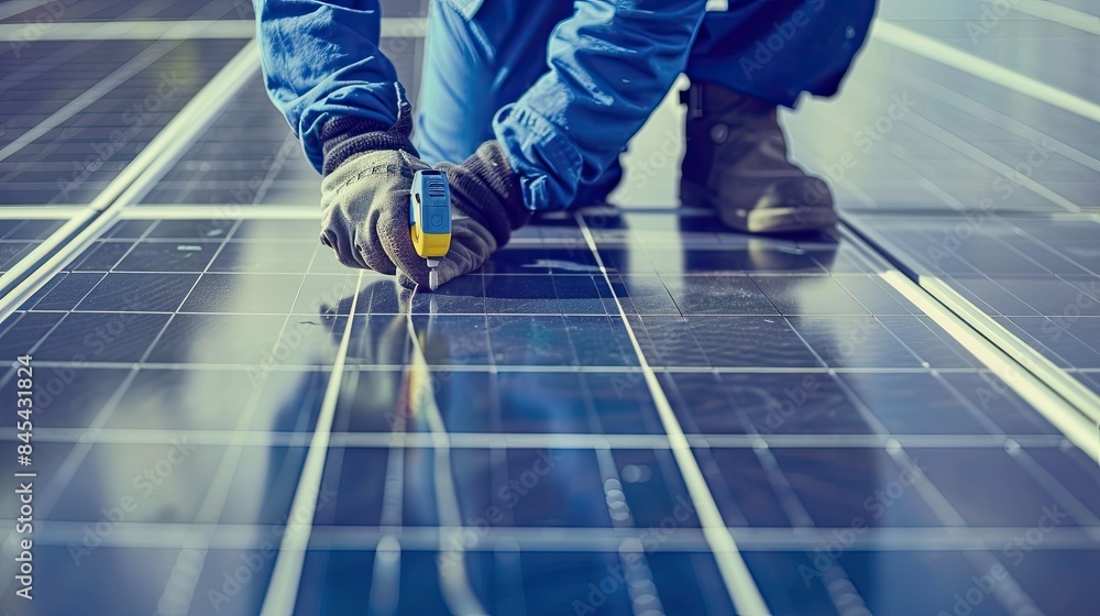 a happy worker wearing a high visibility vest as they install solar panels on the roof of a commercial building. a happy worker wearing a high visibility vest as they install solar panels on the roof of a commercial building.