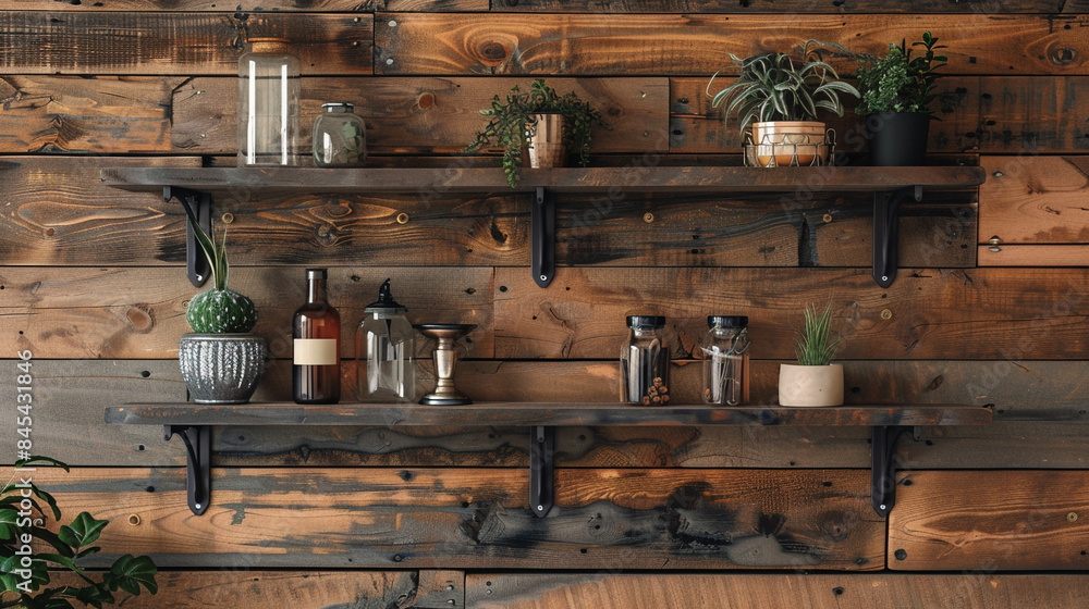 A stylish industrial-style wooden and metal shelf against a reclaimed wood wall, holding eclectic decor items. A stylish industrial-style wooden and metal shelf against a reclaimed wood wall, holding eclectic decor items.