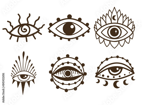 Eye boho. Lineart Vector illustration. Flower moon , Magic celestial witchcraft symbol. Masonic symbol. Hand drawn logo or emblem