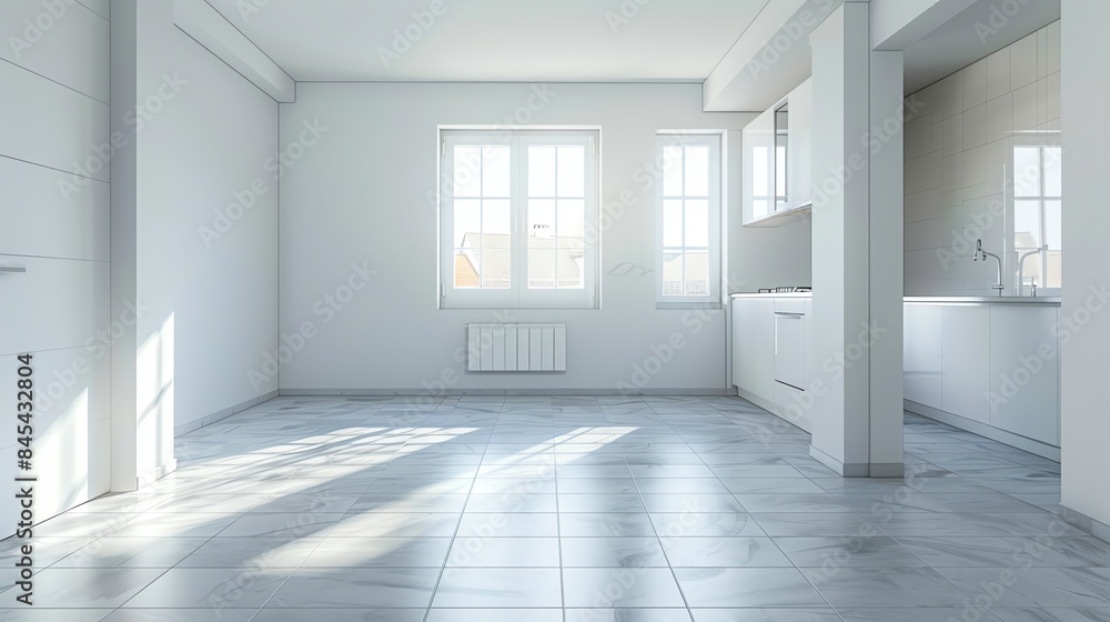 Fototapeta premium A white, empty kitchen with large windows and an open floor plan.
