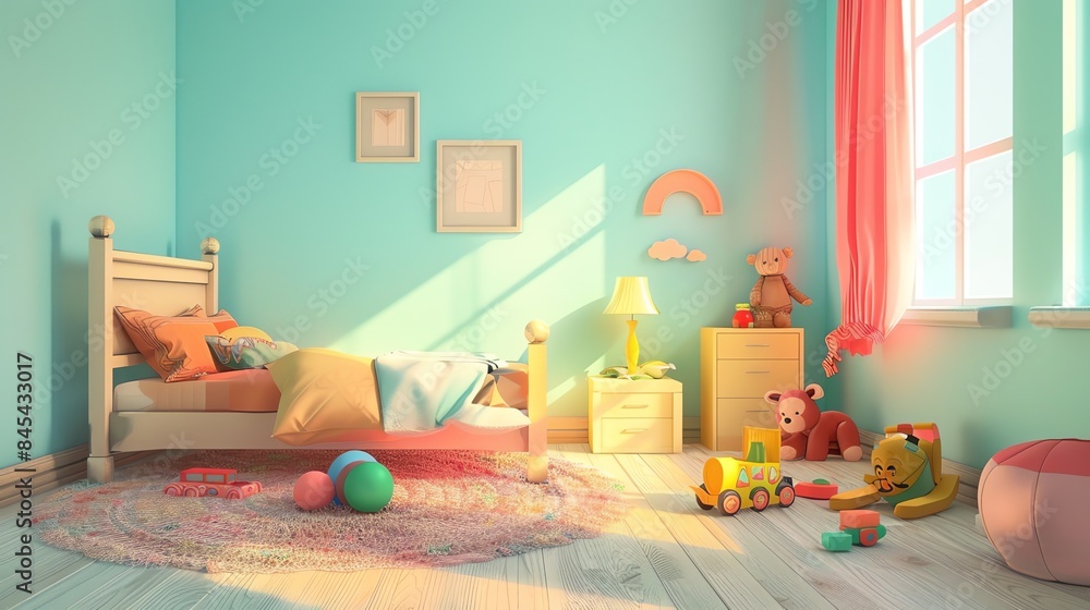 A child's room with a bed, toys, and a window with a pink curtain. A child's room with a bed, toys, and a window with a pink curtain.