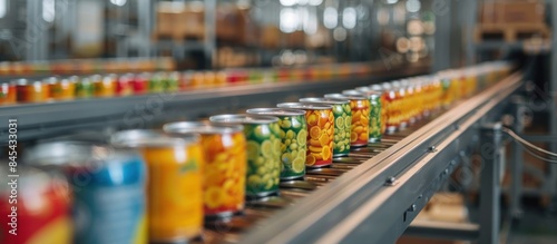 Canned food products on conveyor belt in distribution warehouse.parcels transportation system concept.