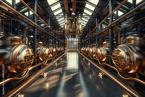 High-tech modern distillery whisky still room, filled with large rows of shiny copper distilling alembics and circular steel pipes
