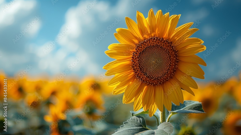 Fototapeta premium Sunflower in the field with daylight and vivid blue sky, Sunflowers also a popular economic crop to bring seeds to be consumed Including the extraction of sunflower oil, popular among health lovers.