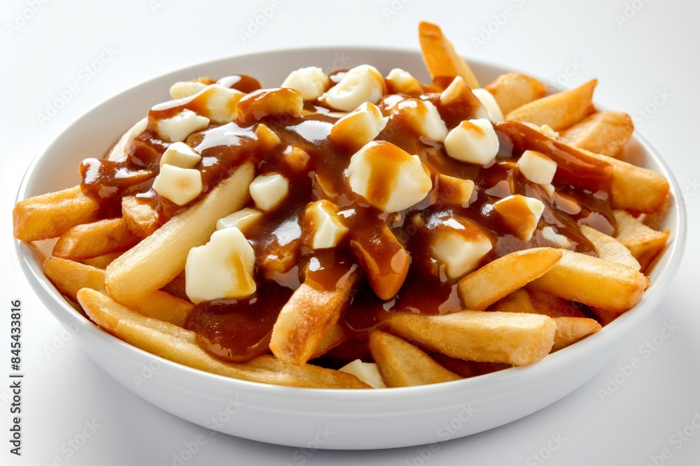 Simple and delicious poutine in a white bowl, perfect for a quick snack Simple and delicious poutine in a white bowl, perfect for a quick snack