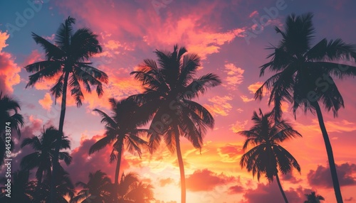 Amazing summer sunset on the beach with palm trees.