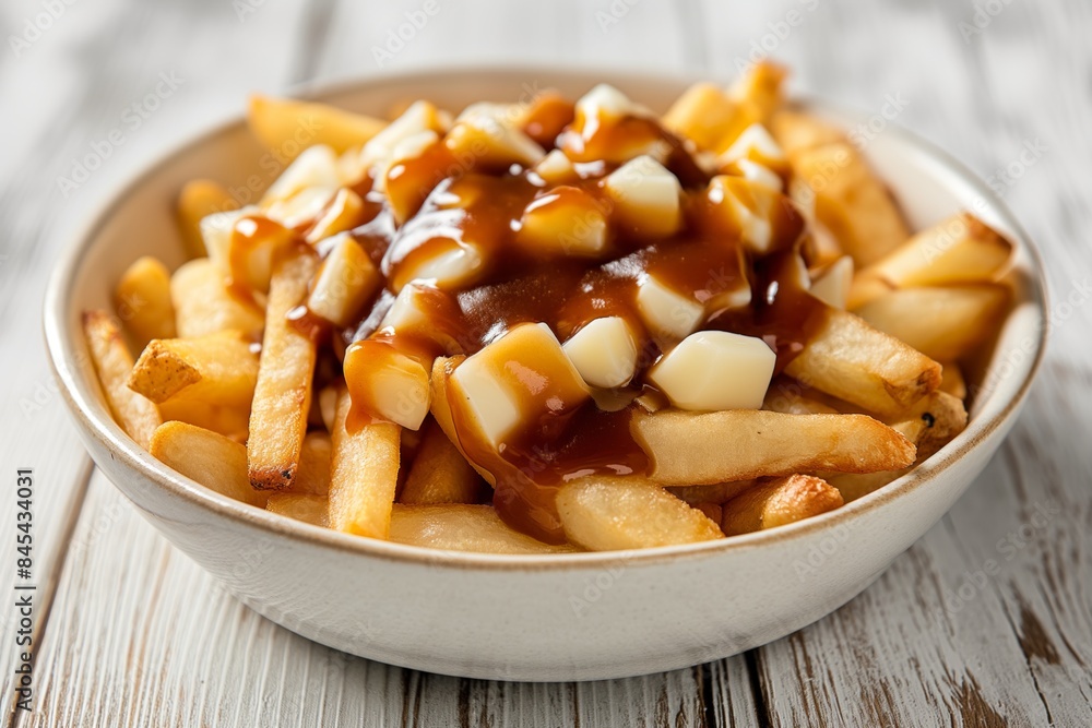 Classic poutine served in a white bowl with golden fries, cheese curds, and rich gravy Classic poutine served in a white bowl with golden fries, cheese curds, and rich gravy