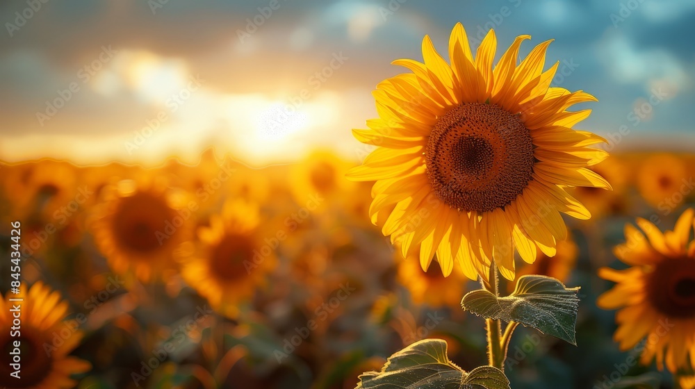 Fototapeta premium Sunflower in the field with daylight and vivid blue sky, Sunflowers also a popular economic crop to bring seeds to be consumed Including the extraction of sunflower oil, popular among health lovers.
