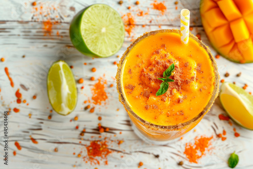 Mangonada mexican mango smoothie with chamoy sauce and chili lime seasoning