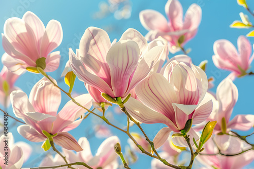 A beautiful photograph of a magnolia tree in full bloom  its large pink and white blossoms dominating the branches  captured with a clear blue sky in the background and soft sunlight highlighting the