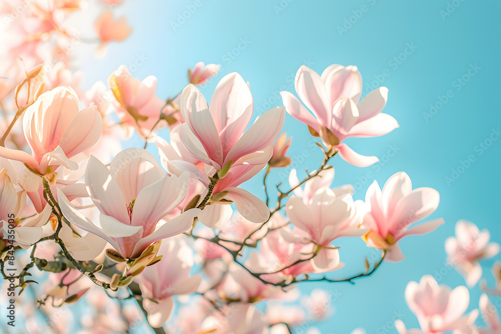 Obraz premium A beautiful photograph of a magnolia tree in full bloom, its large pink and white blossoms dominating the branches, captured with a clear blue sky in the background and soft sunlight highlighting the